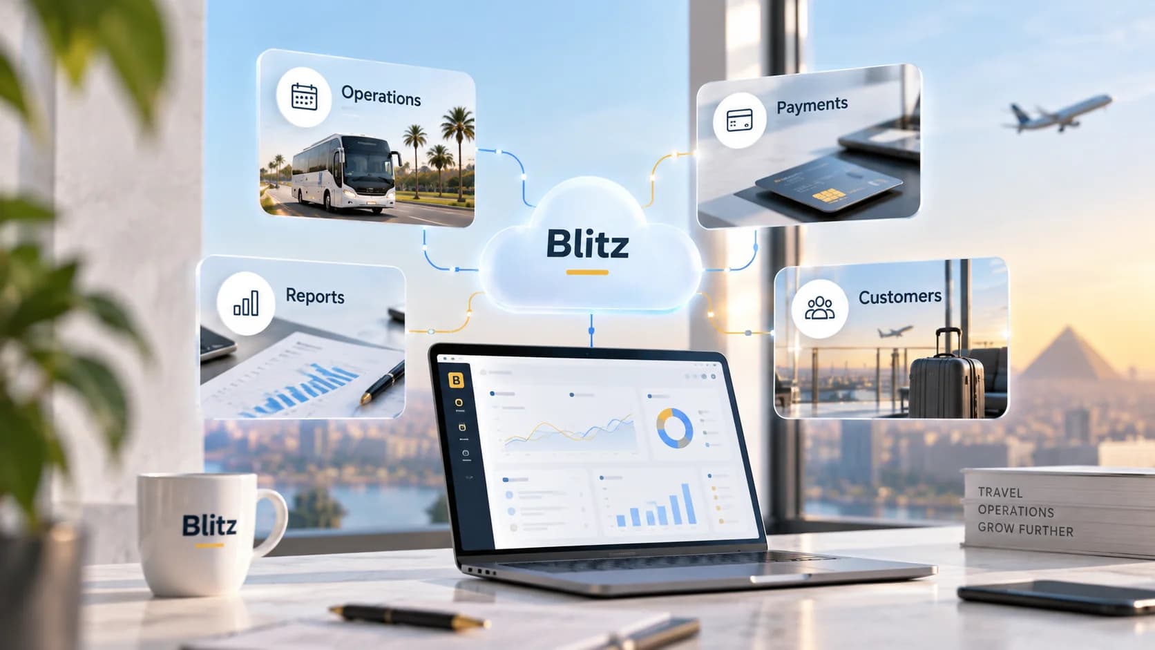 Blitz يربط العمليات والمدفوعات والتقارير والعملاء، بجوار حاسوب يعرض لوحة اليوم