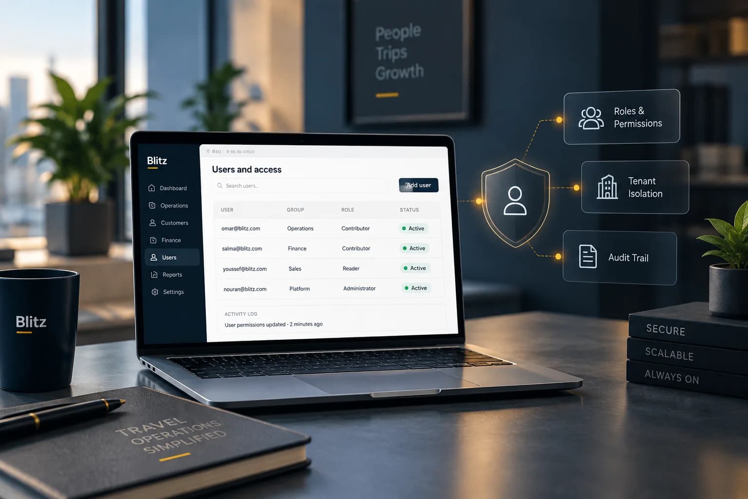 شاشة المستخدمين والصلاحيات على حاسوب، مع الأدوار والصلاحيات وعزل بيانات كل شركة وسجل التدقيق