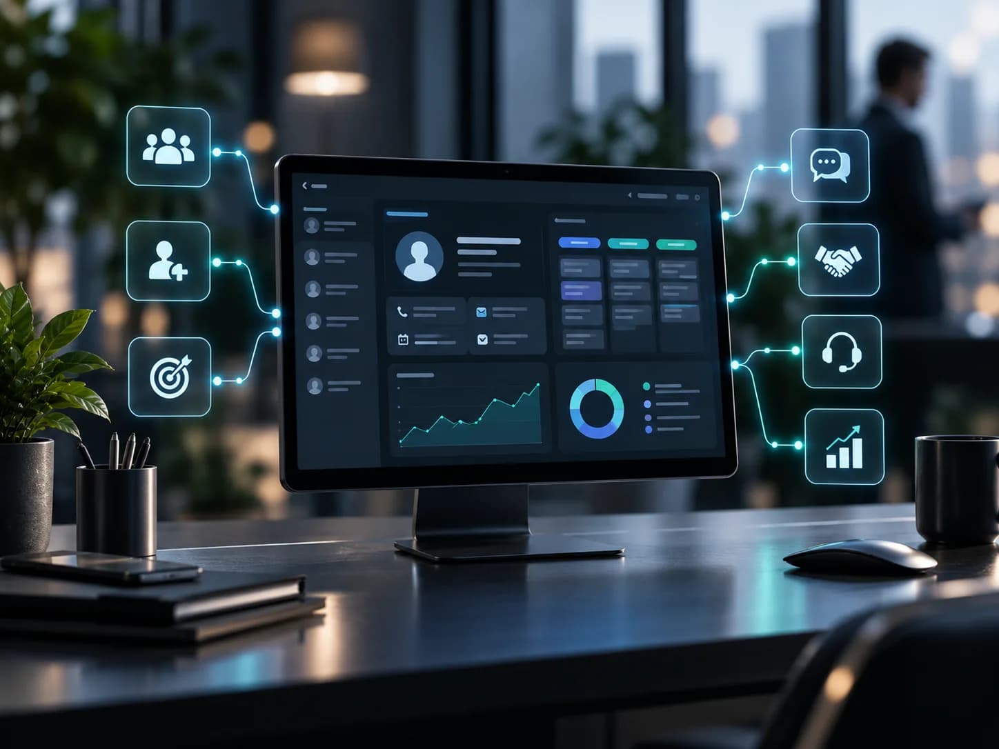 شاشة CRM تعرض ملفات العملاء والمحادثات ومراحل الصفقات، مرتبطة بالدعم والصفقات والمتابعات